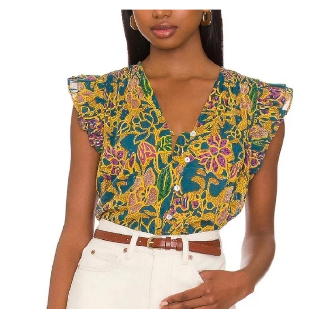 Cleobella  Chloe Floral Button-Front Ruffle Sleeve Blouse. Size XS summer vibe
